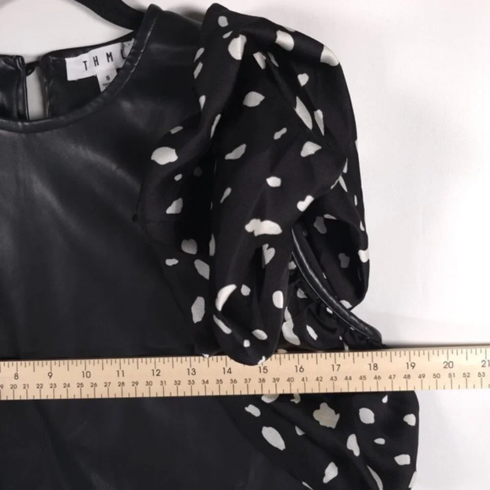 THML Lucia Mini Dress Faux Leather Polka Dot Ruffle Sleeves THS1220-1-BK SMALL - Picture 7 of 12